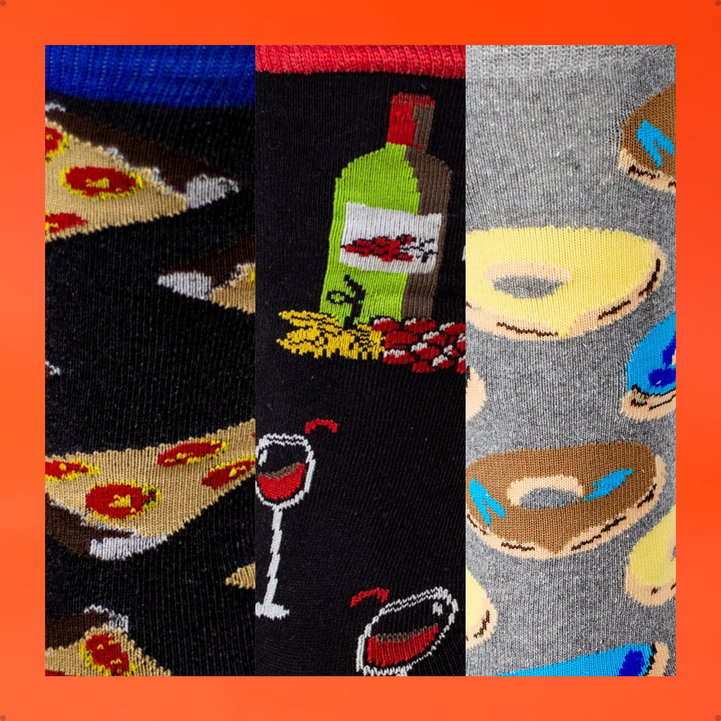 Kit 3 Meias Cano Alto Gourmet Pizza Vinho Donut