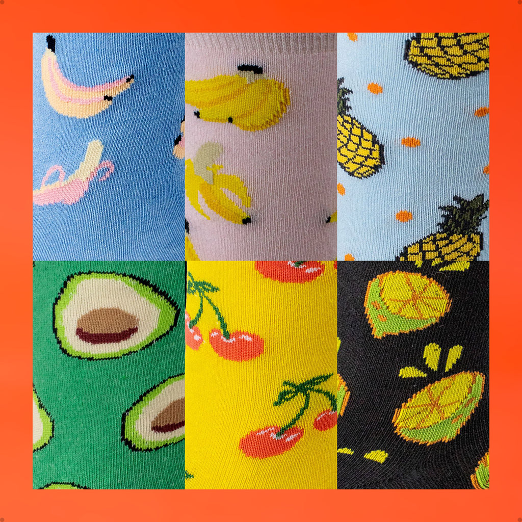 Kit 6 Meias Cano Alto Frutas Banana Abacaxi Abacate Cereja Limão
