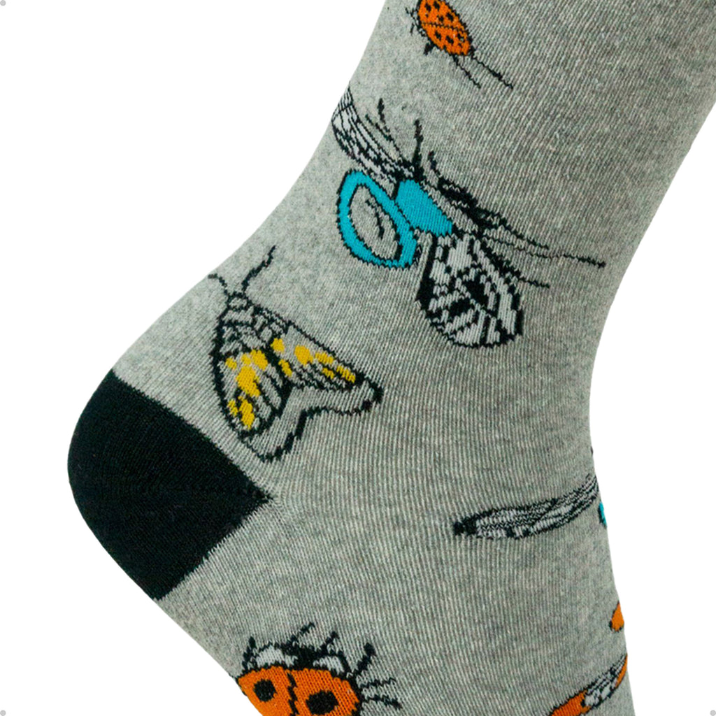 Meia Divertida Estampada Oddo Cano Longo Cinza Insetos Borboleta Joaninha