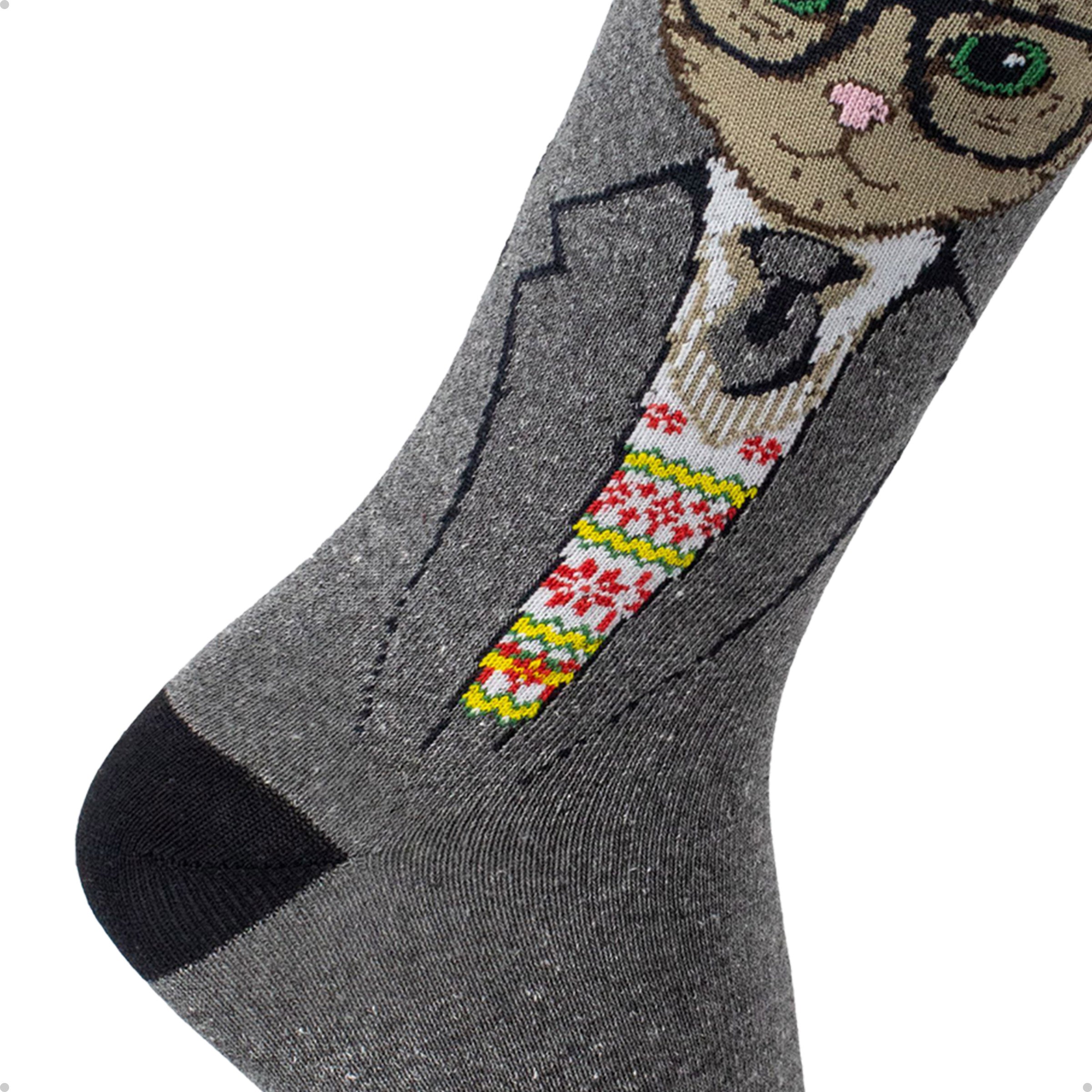 Meia Divertida Estampada Oddo Cano Longo Preta Cinza Gato Com Óculos