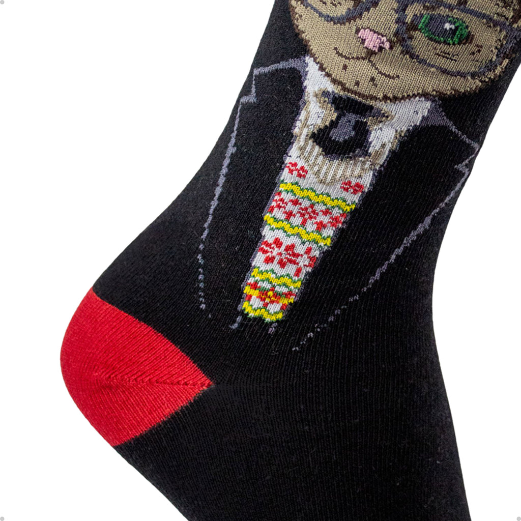 Meia Divertida Estampada Oddo Cano Longo  Vermelha Preta Gato Óculos