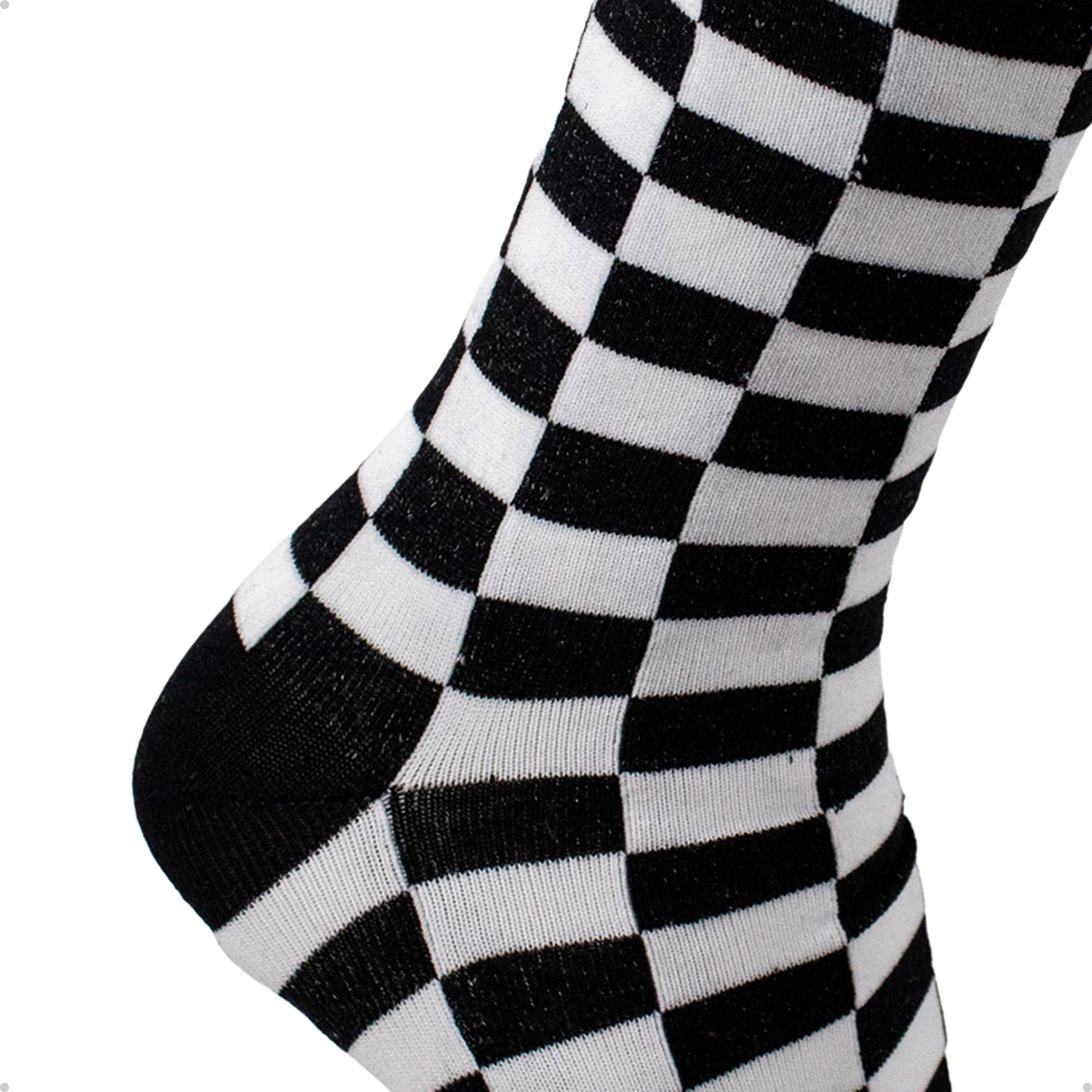 Meia Divertida Estampada Oddo Cano Longo Preta Branca Quadriculada