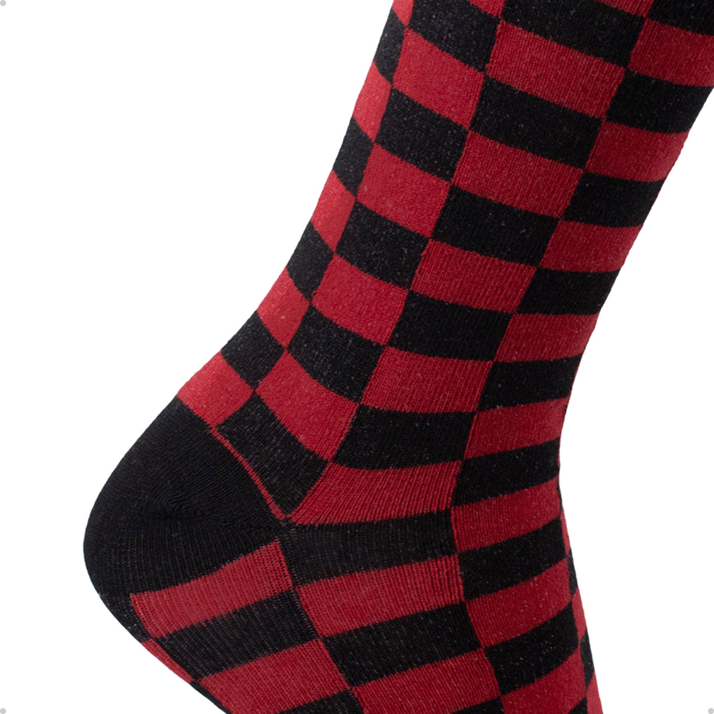 Meia Divertida Estampada Oddo Cano Longo Preta Vermelha Quadriculada