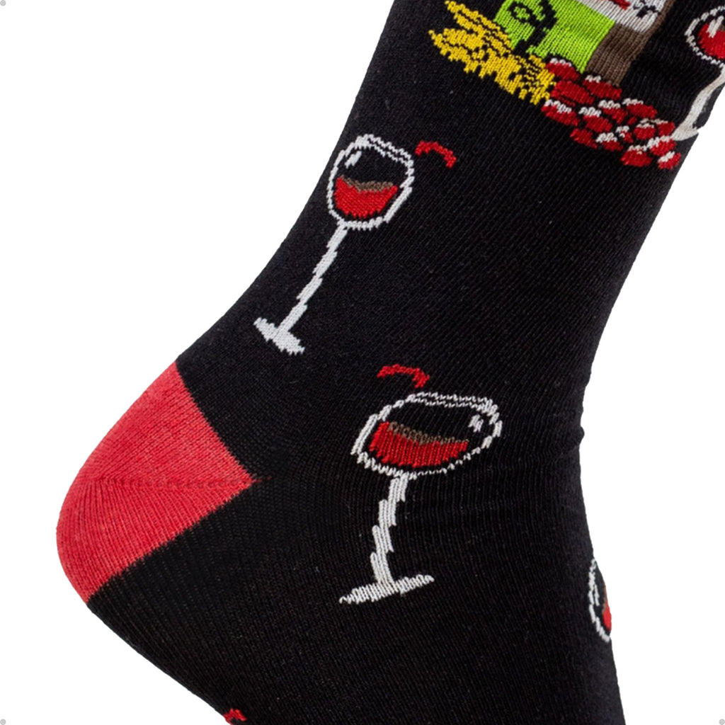 Meia Divertida Estampada Oddo Cano Longo Preta Taça Garrafa de Vinho