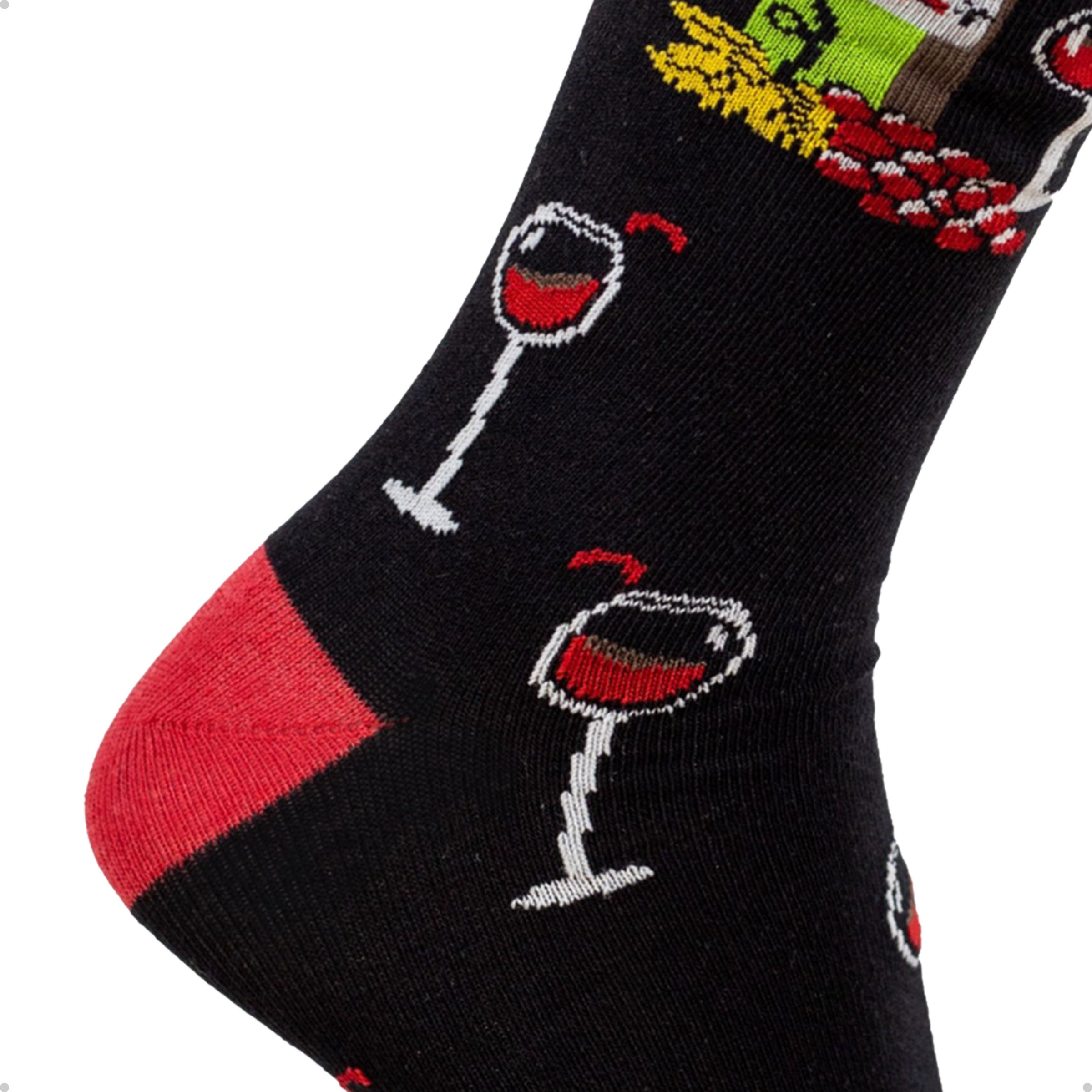 Meia Divertida Estampada Oddo Cano Longo Preta Taça Garrafa de Vinho