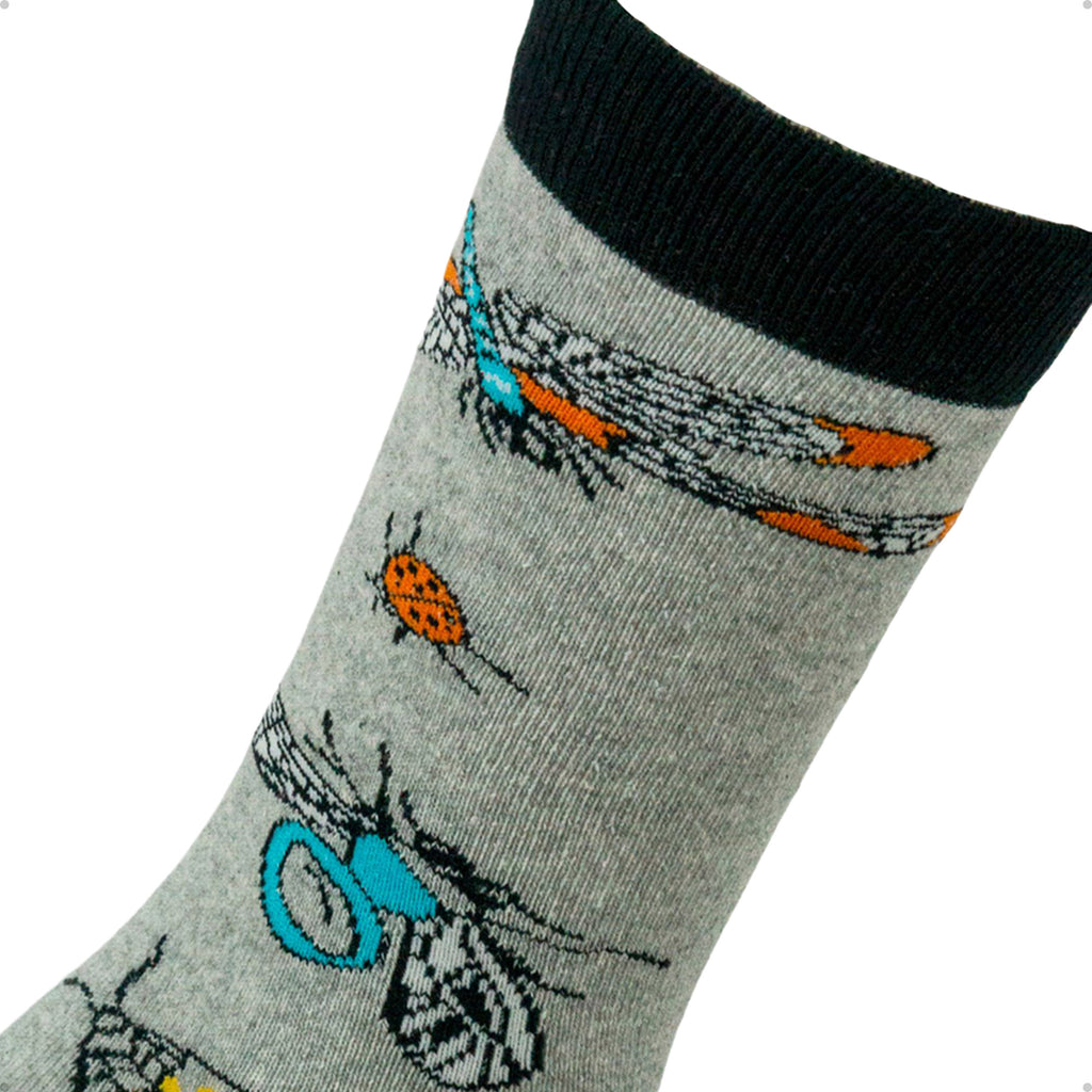 Meia Divertida Estampada Oddo Cano Longo Cinza Insetos Borboleta Joaninha