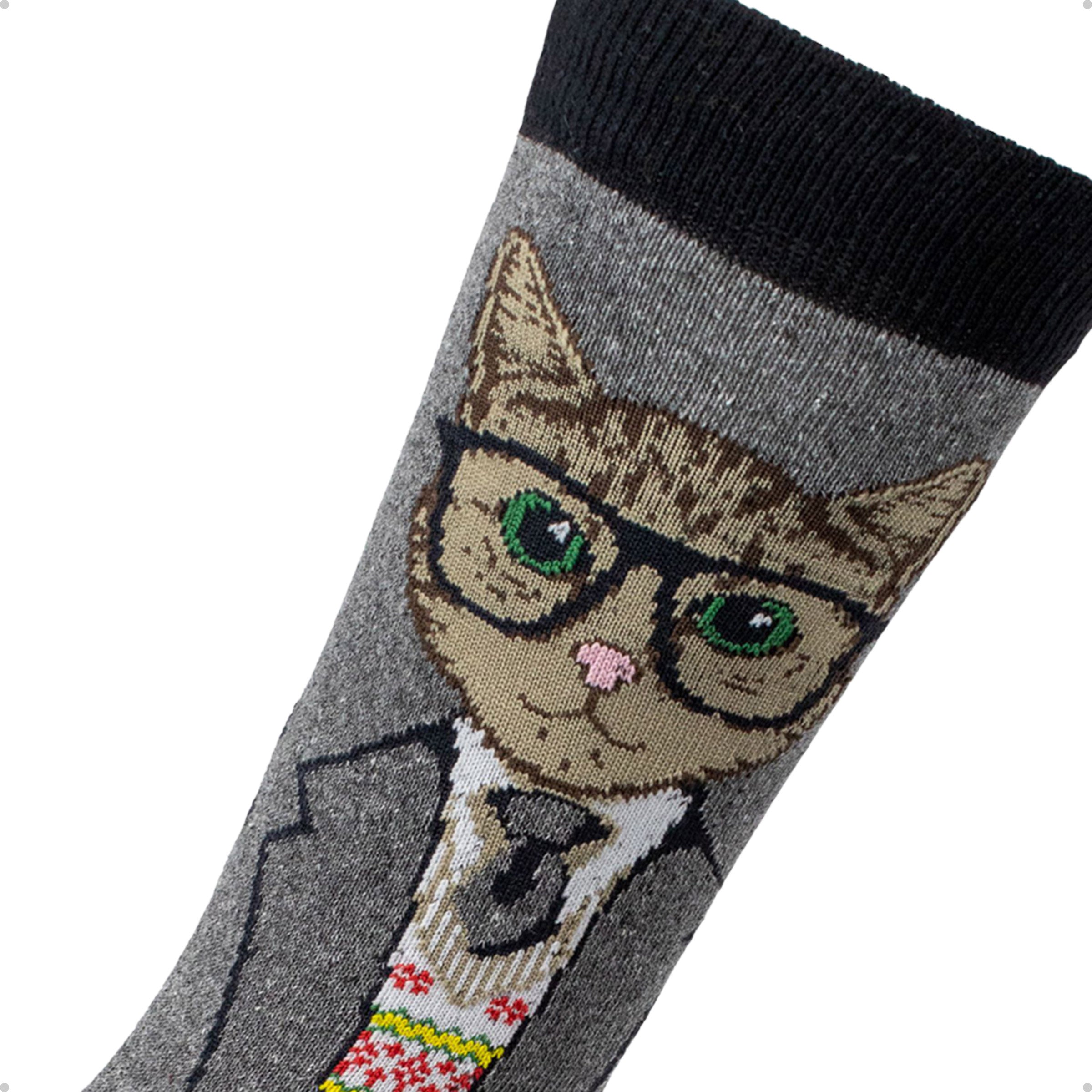 Meia Divertida Estampada Oddo Cano Longo Preta Cinza Gato Com Óculos