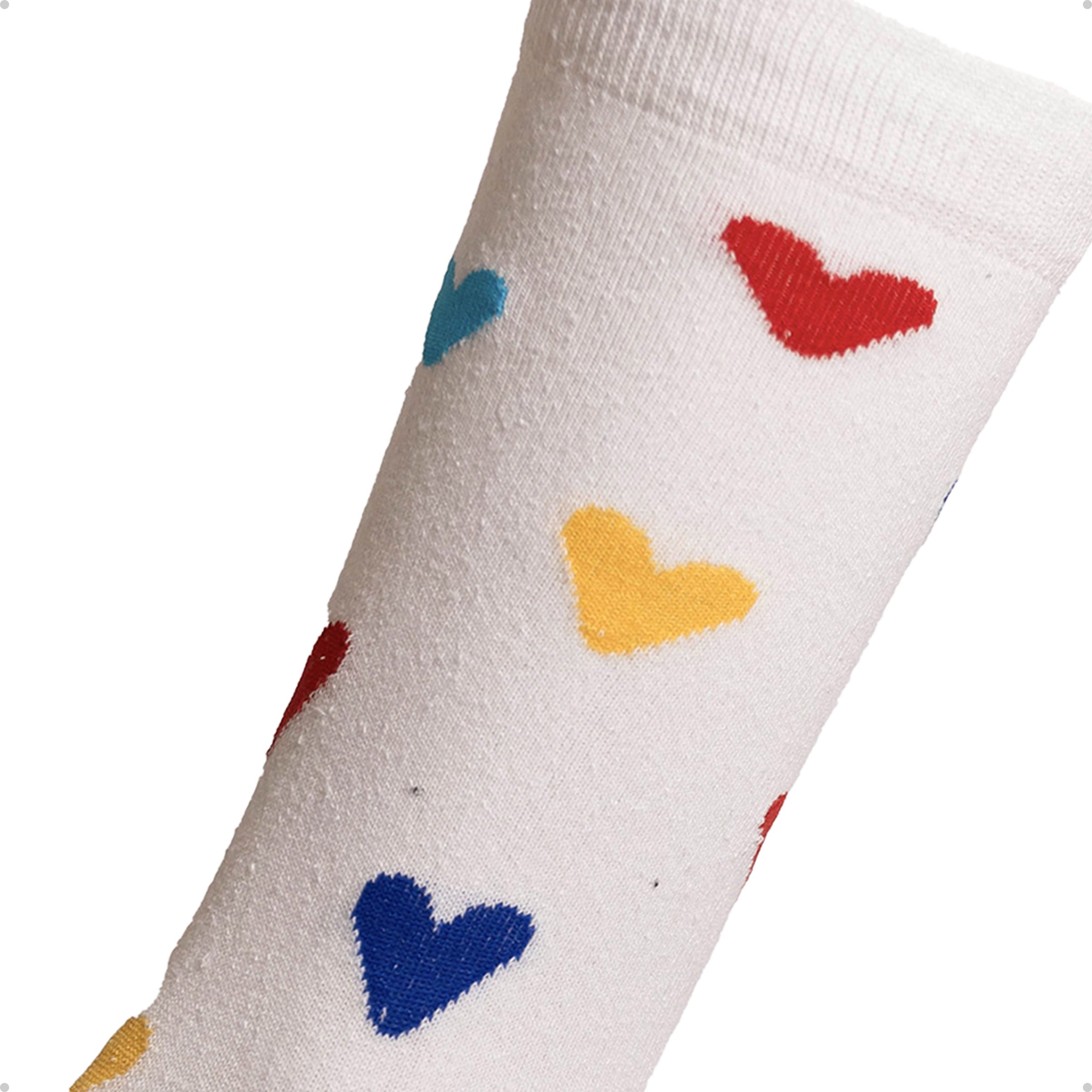 Meia Divertida Estampada Oddo Cano Longo Branca Corações Coloridos
