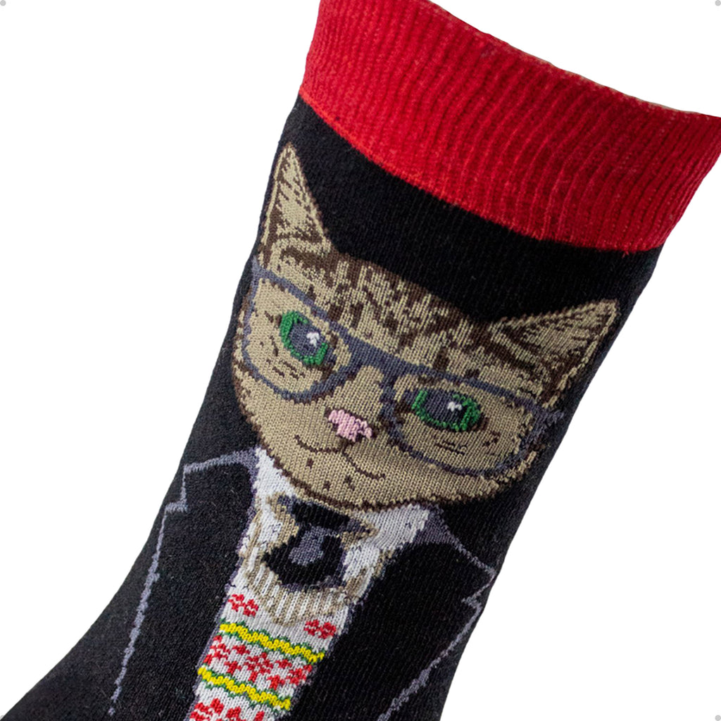 Meia Divertida Estampada Oddo Cano Longo  Vermelha Preta Gato Óculos