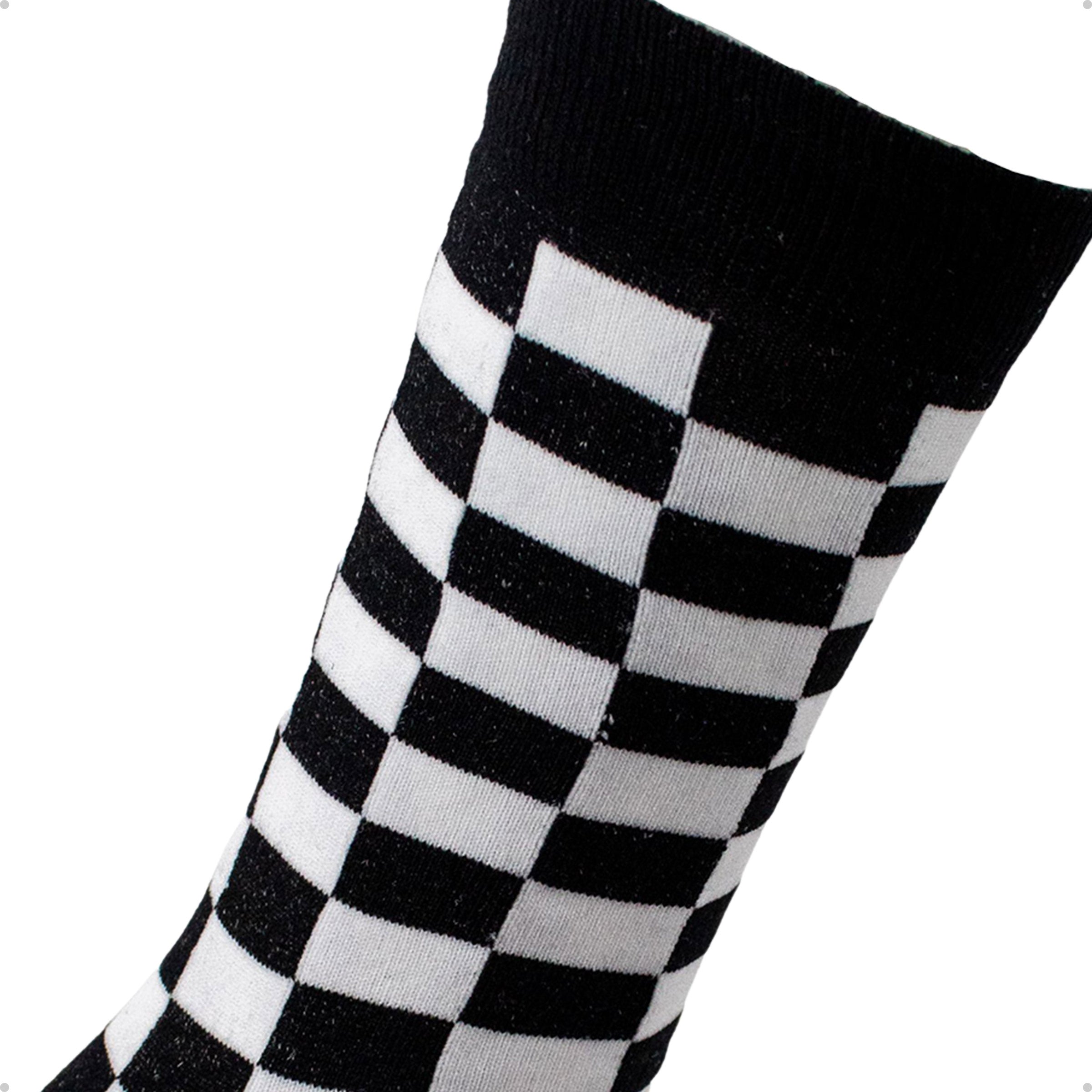 Meia Divertida Estampada Oddo Cano Longo Preta Branca Quadriculada