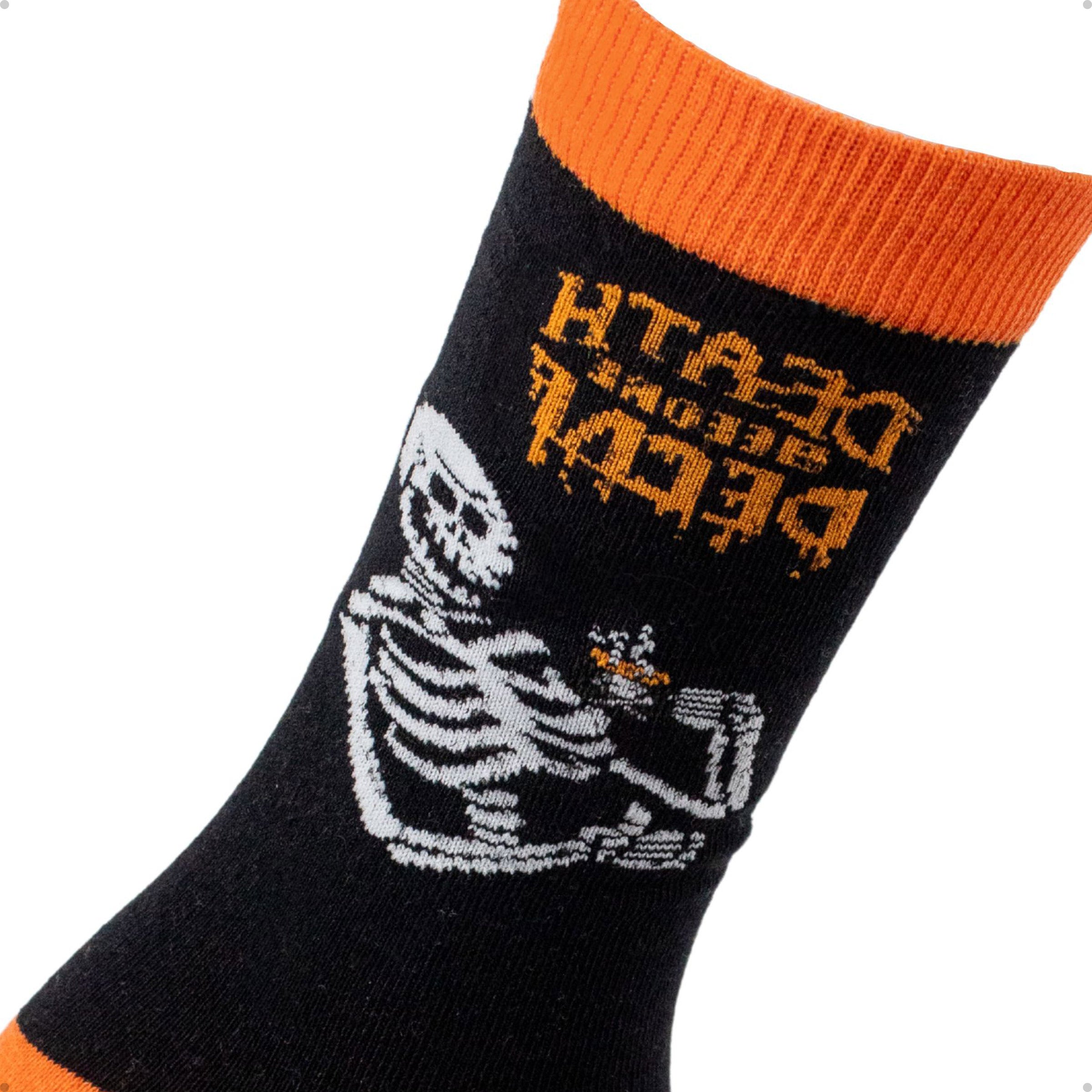 Meia Divertida Estampada Oddo Cano Longo Preto Laranja Cafeína Caveira
