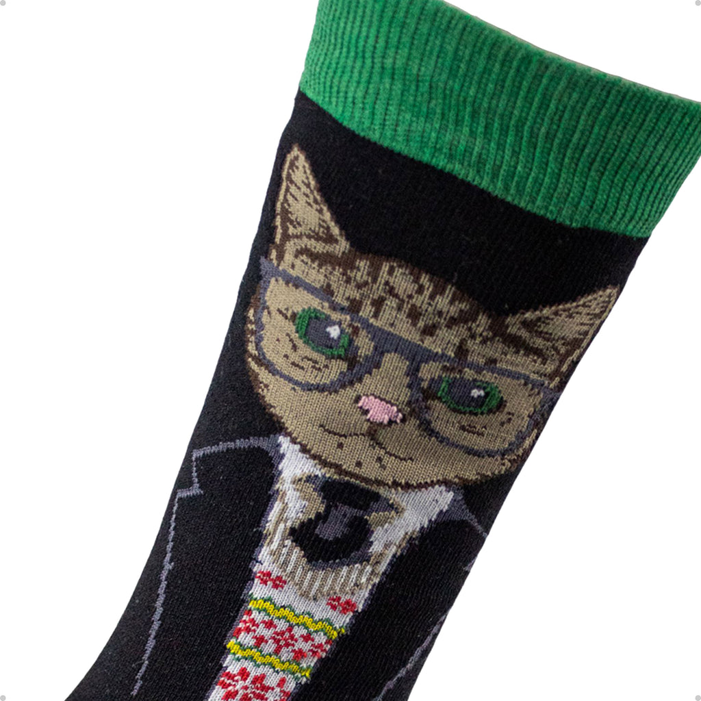 Meia Divertida Estampada Oddo Cano Longo Verde Preta Gato Óculos