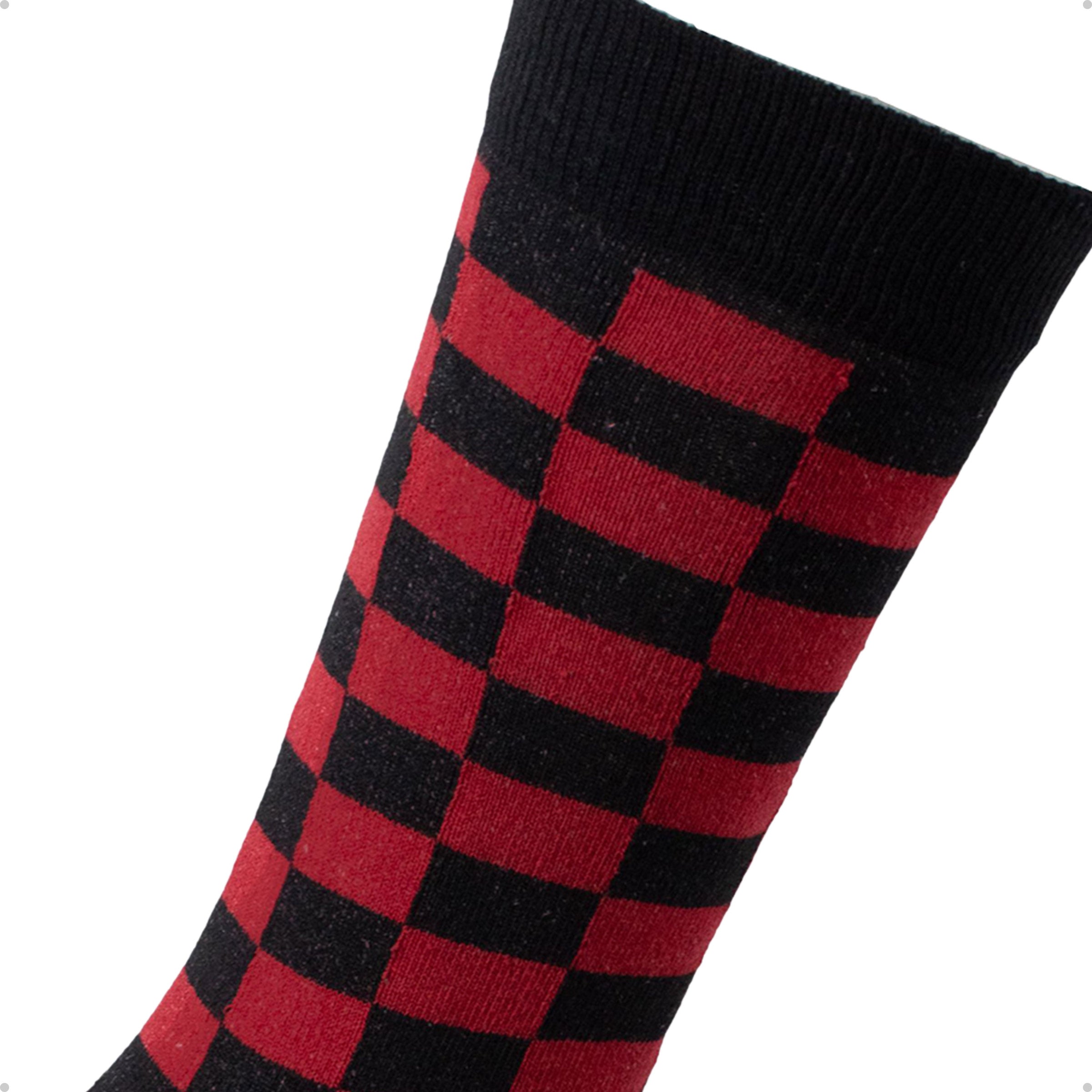 Meia Divertida Estampada Oddo Cano Longo Preta Vermelha Quadriculada