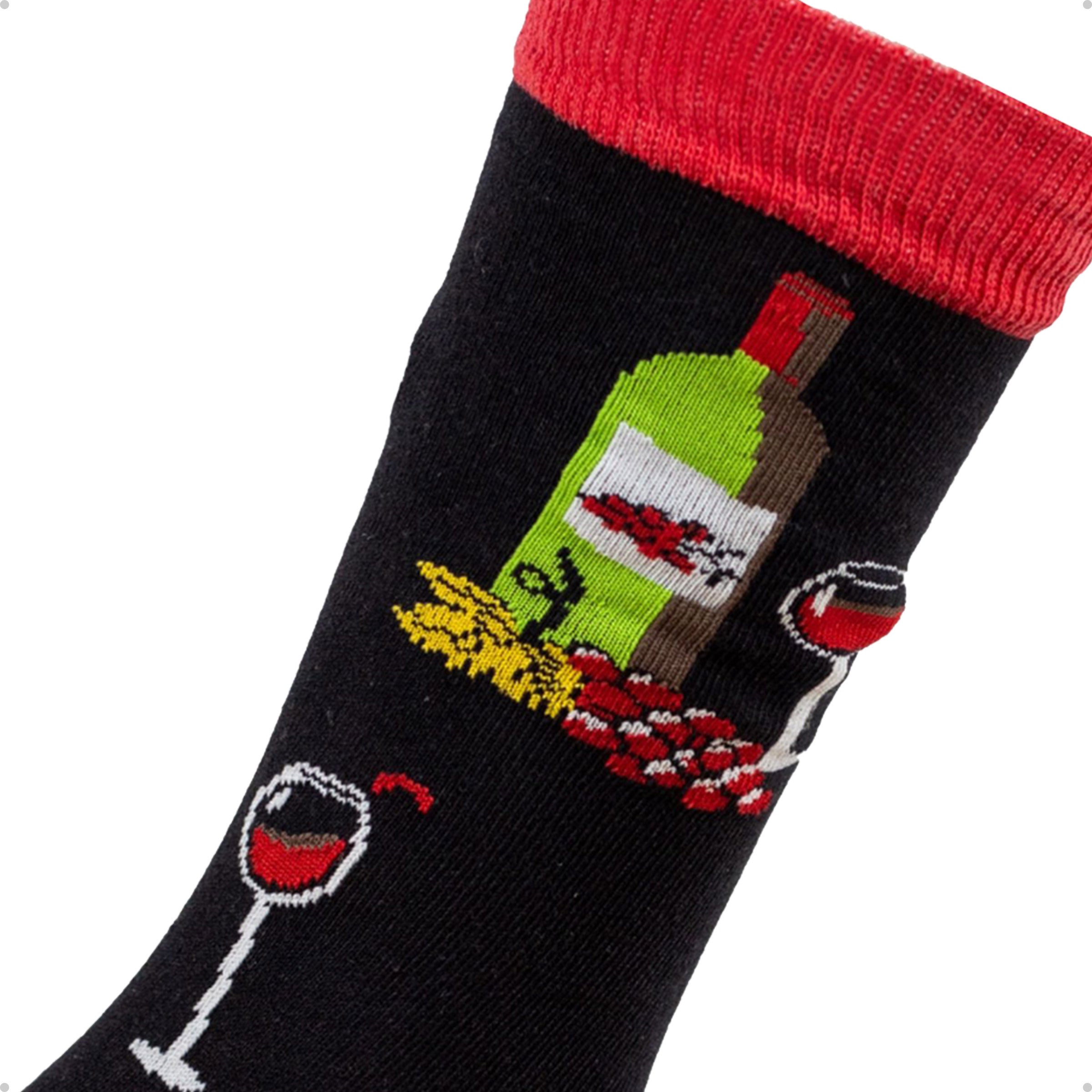 Meia Divertida Estampada Oddo Cano Longo Preta Taça Garrafa de Vinho