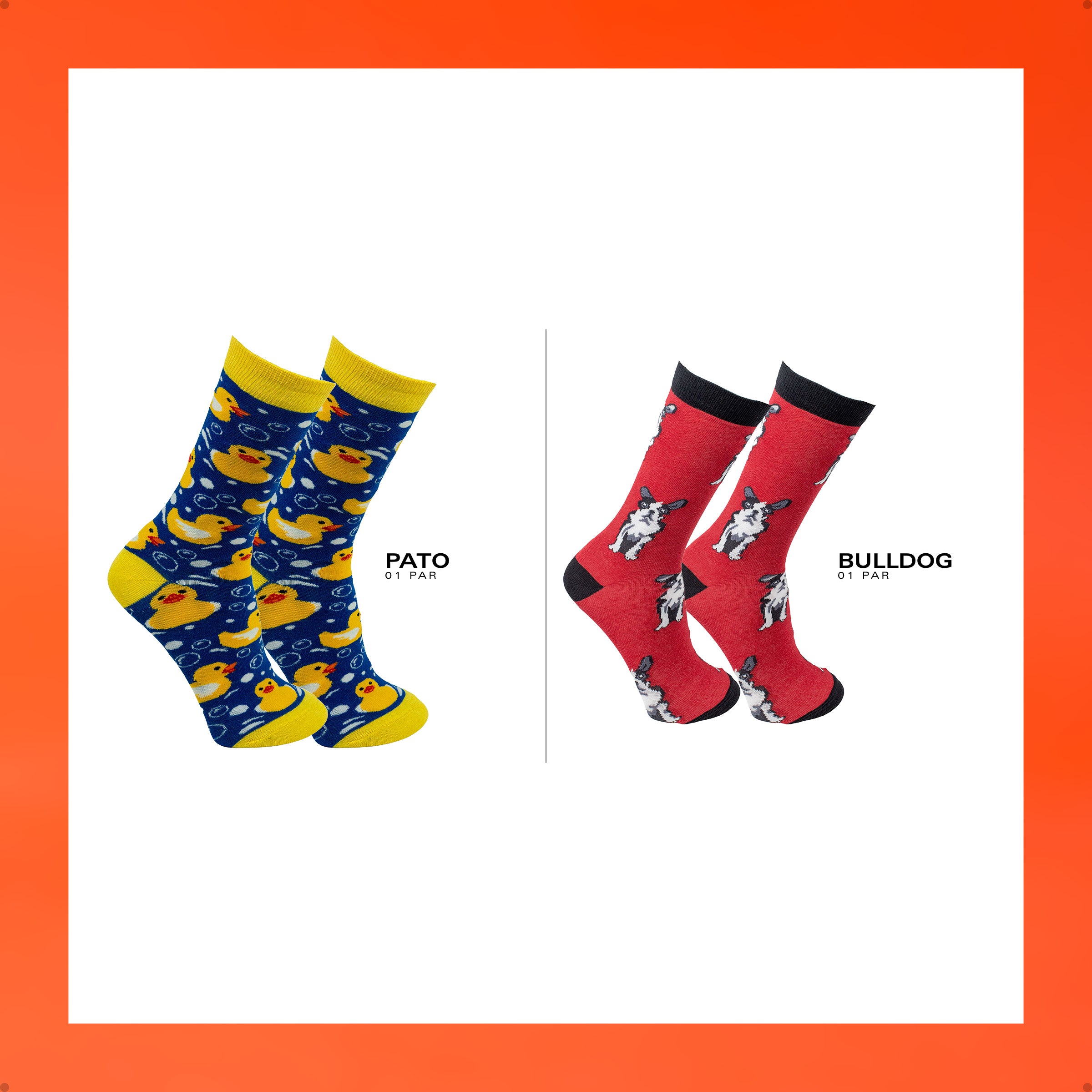 Kit 2 Meias Cano Alto Animais Pato Bulldog