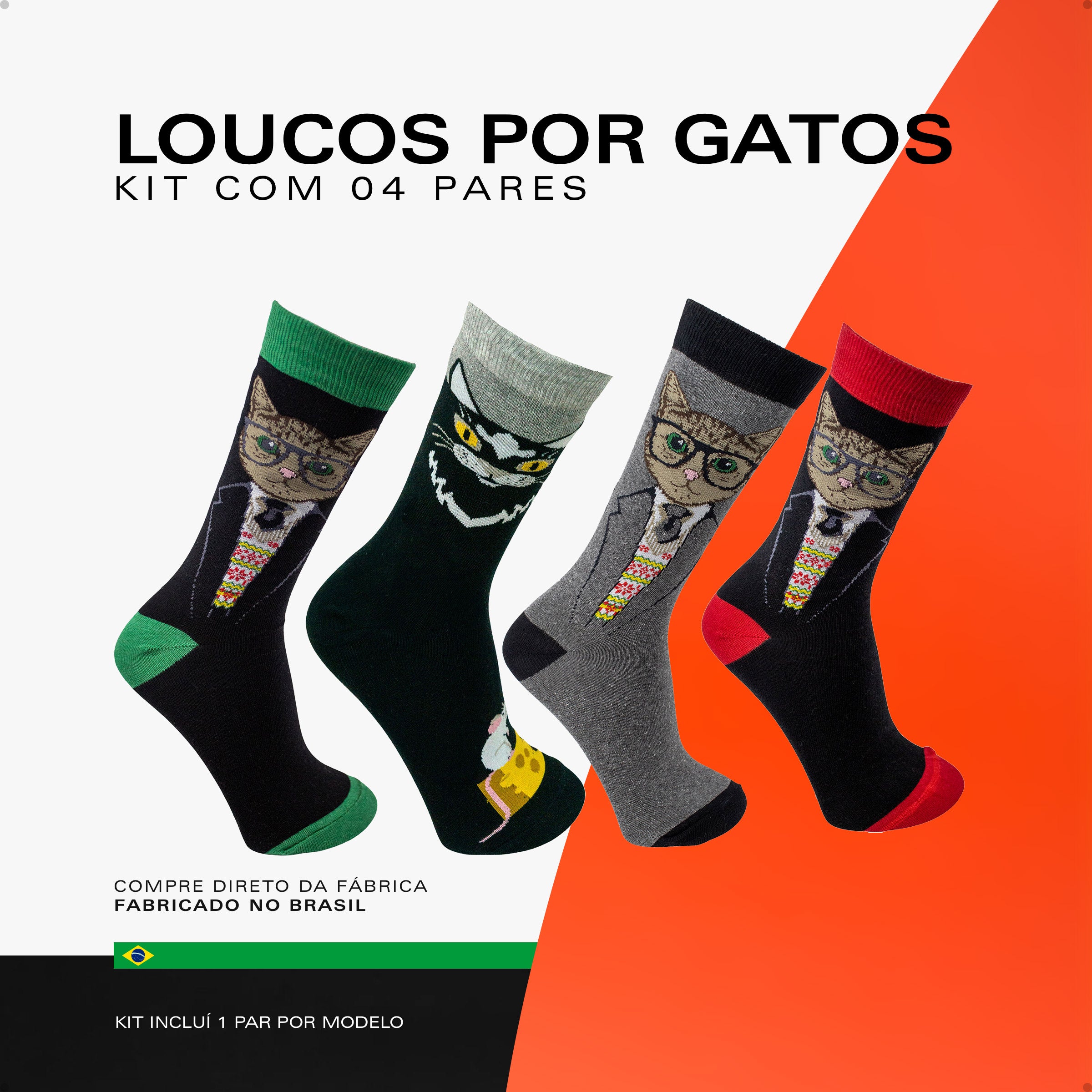Kit 4 Meias Divertidas Oddo Loucos por Gatos Salem e Gatos de Óculos
