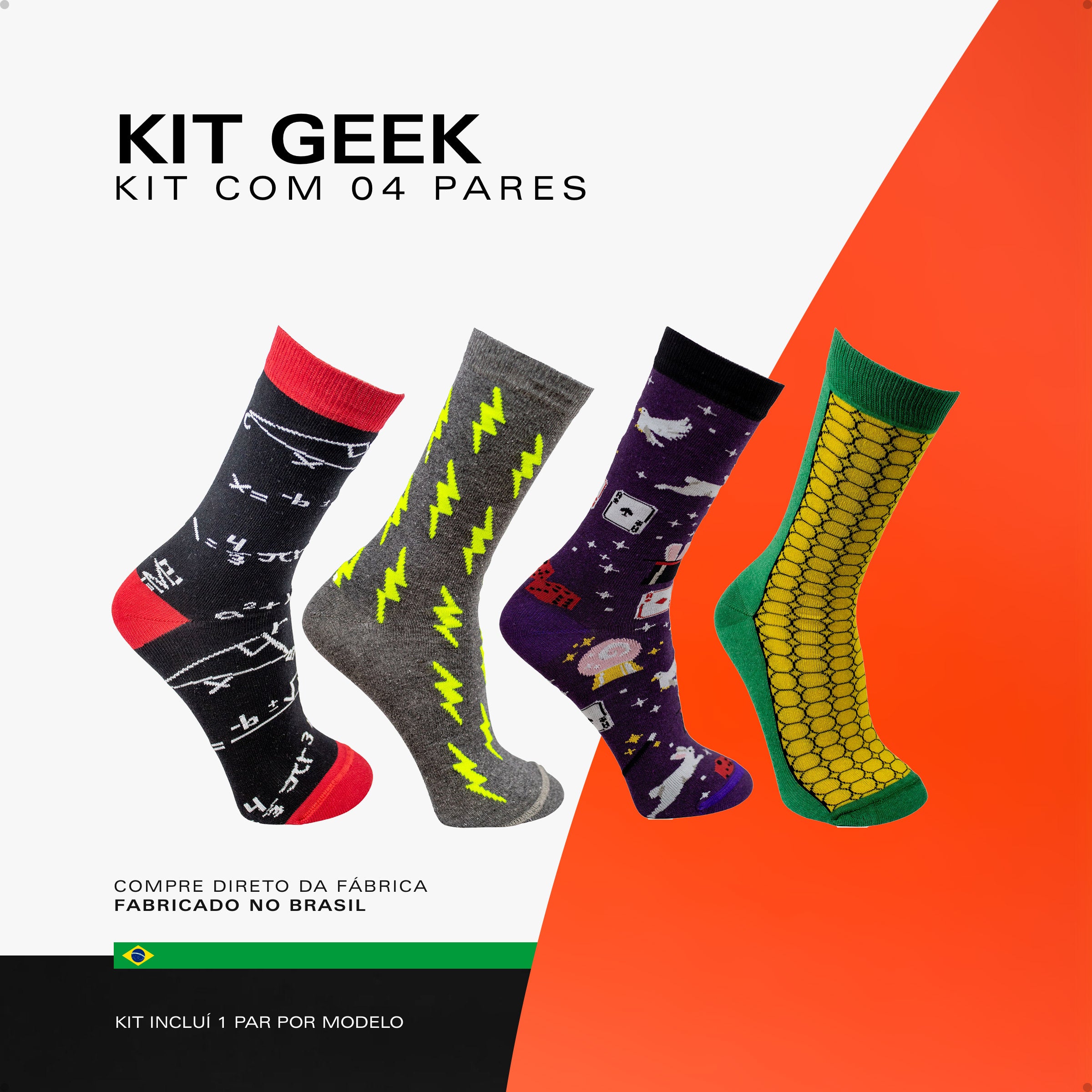 Kit 4 Meias Divertidas Oddo Geek Matemática Raio Mágica Milho