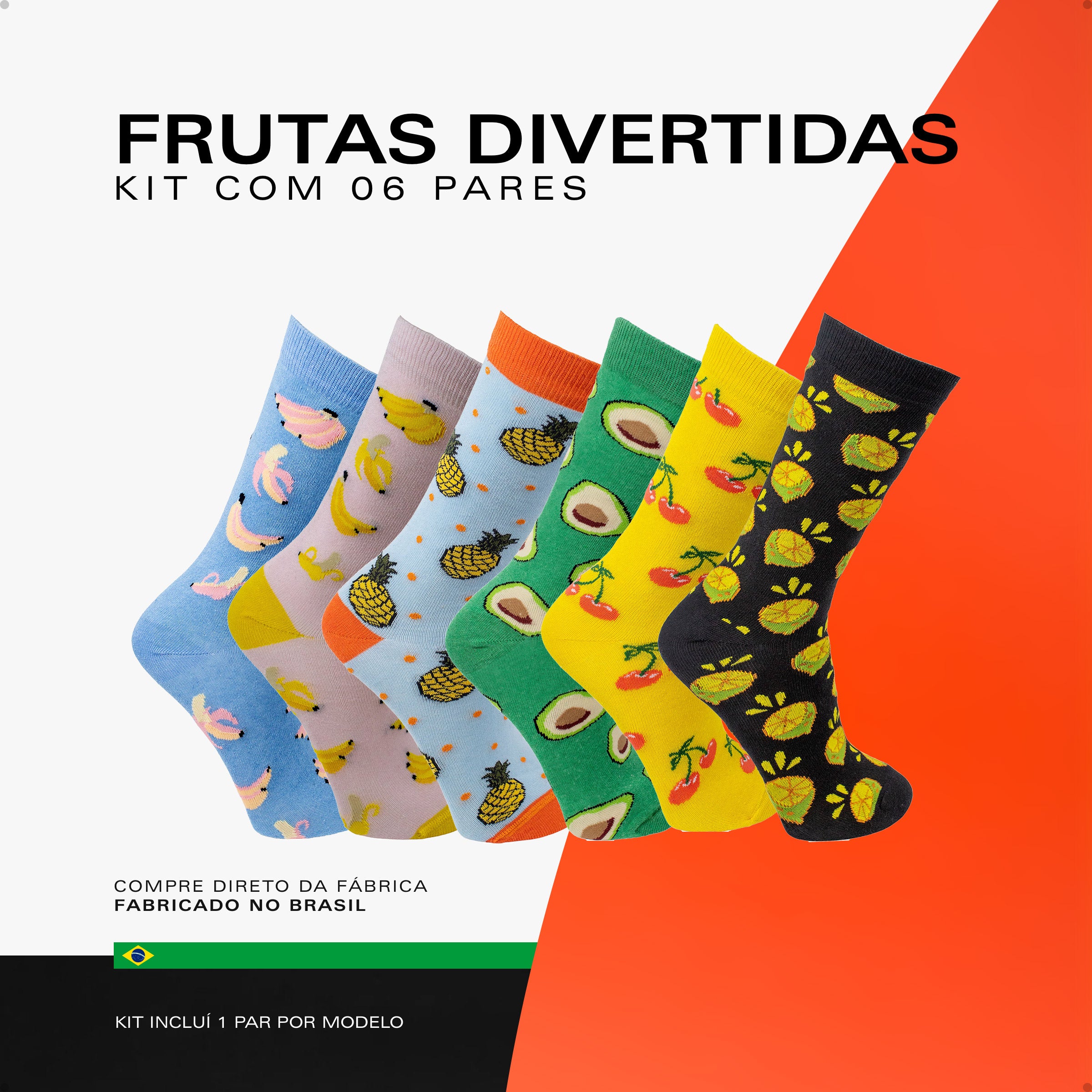 Kit 6 Meias Divertidas Oddo Frutas Banana Abacaxi Abacate Cereja Limão