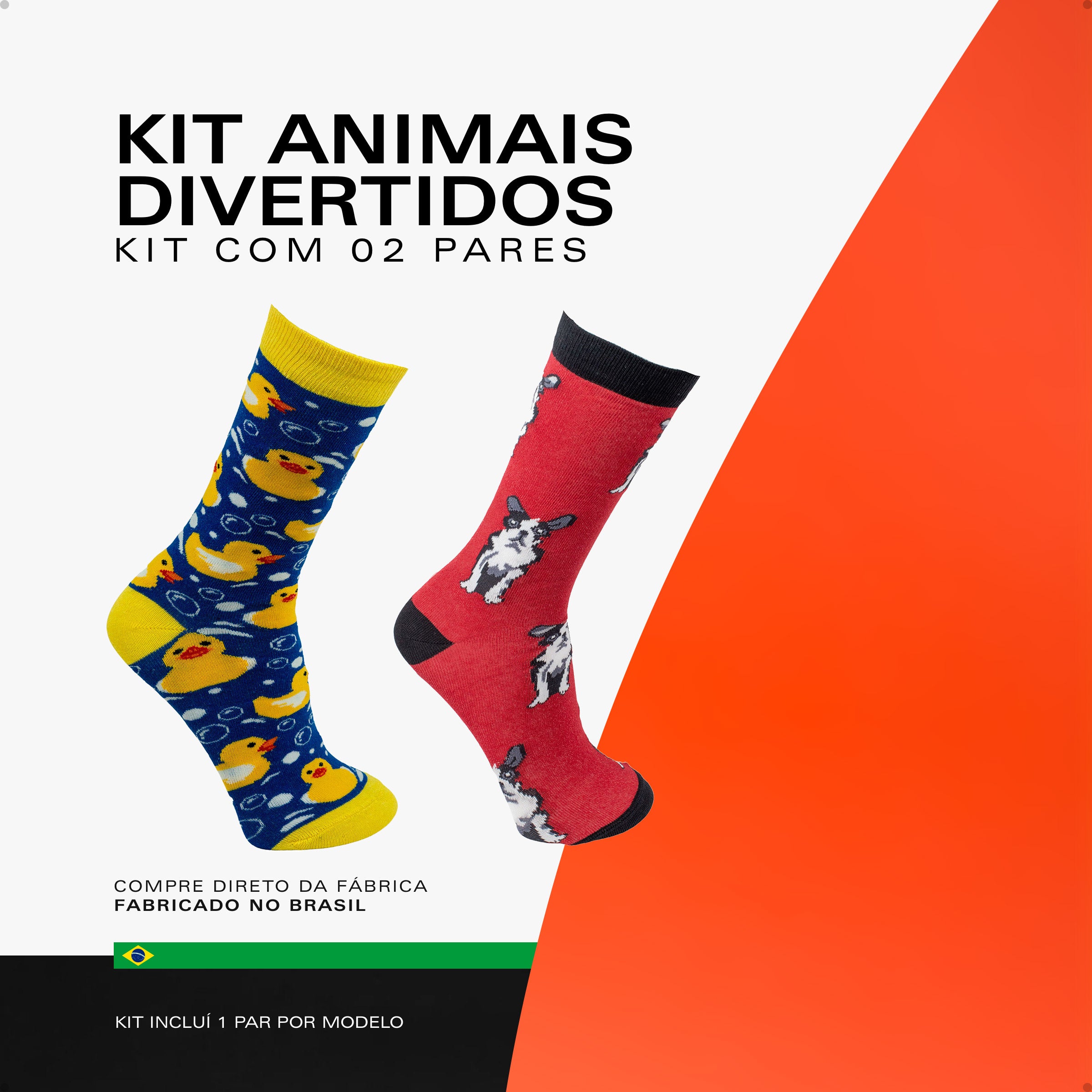 Kit 2 Meias Divertidas Estampadas Oddo Animais Pato Bulldog