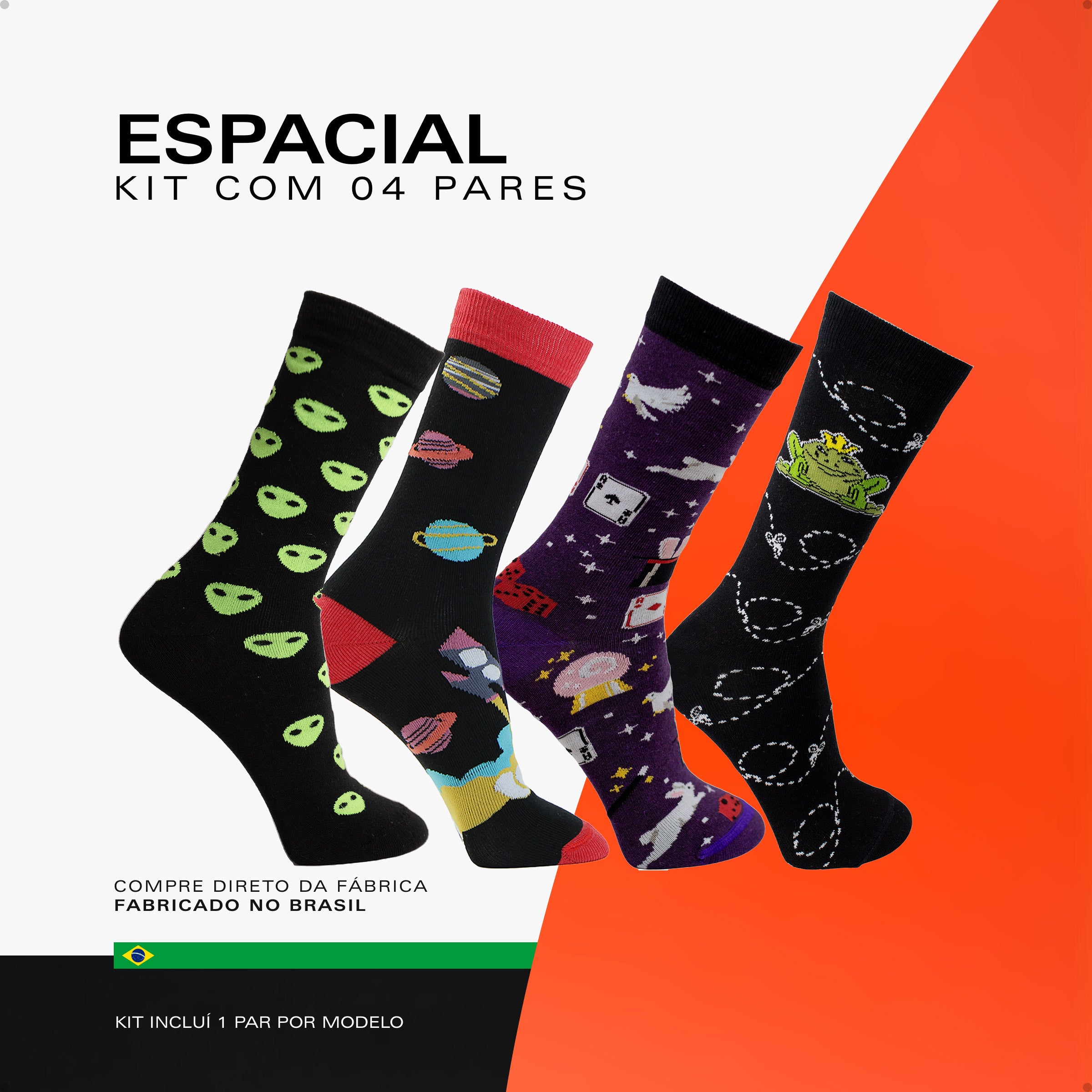 Kit 4 Meias Divertidas Oddo Espacial Alien Planetas Mágica Sapo Cururu