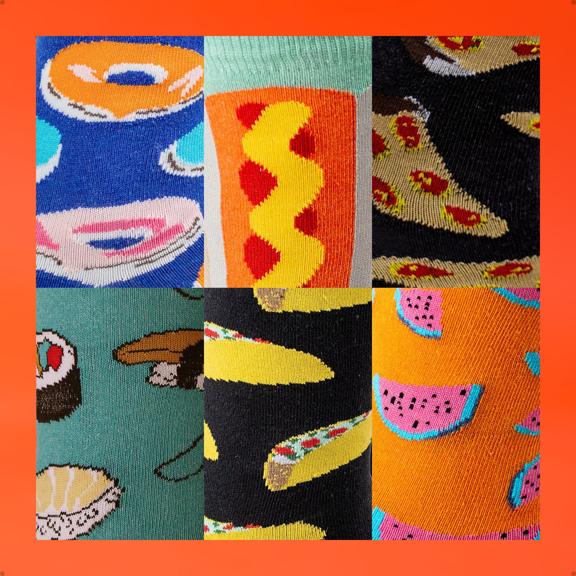 Kit 6 Meias Cano Alto Food Lovers Donut Hotdog Pizza Sushi Tacos Melancia