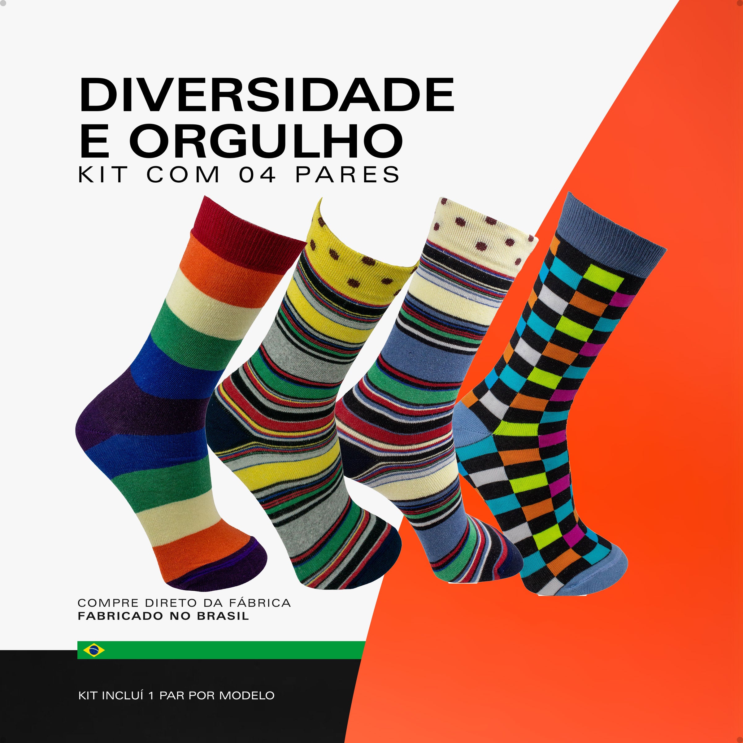 Kit 4 Meias Divertidas Oddo Diversidade e Orgulho Bandeira Listras Xadrez Colorido