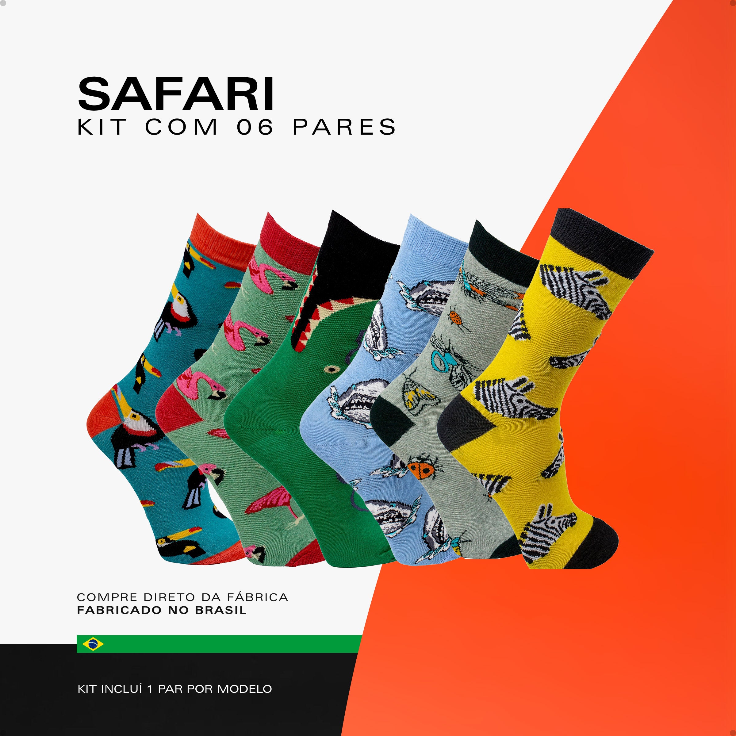 Kit 6 Meias Divertidas Oddo Safari Tucano Flamingo Jacaré Tubarão Insetos Zebra