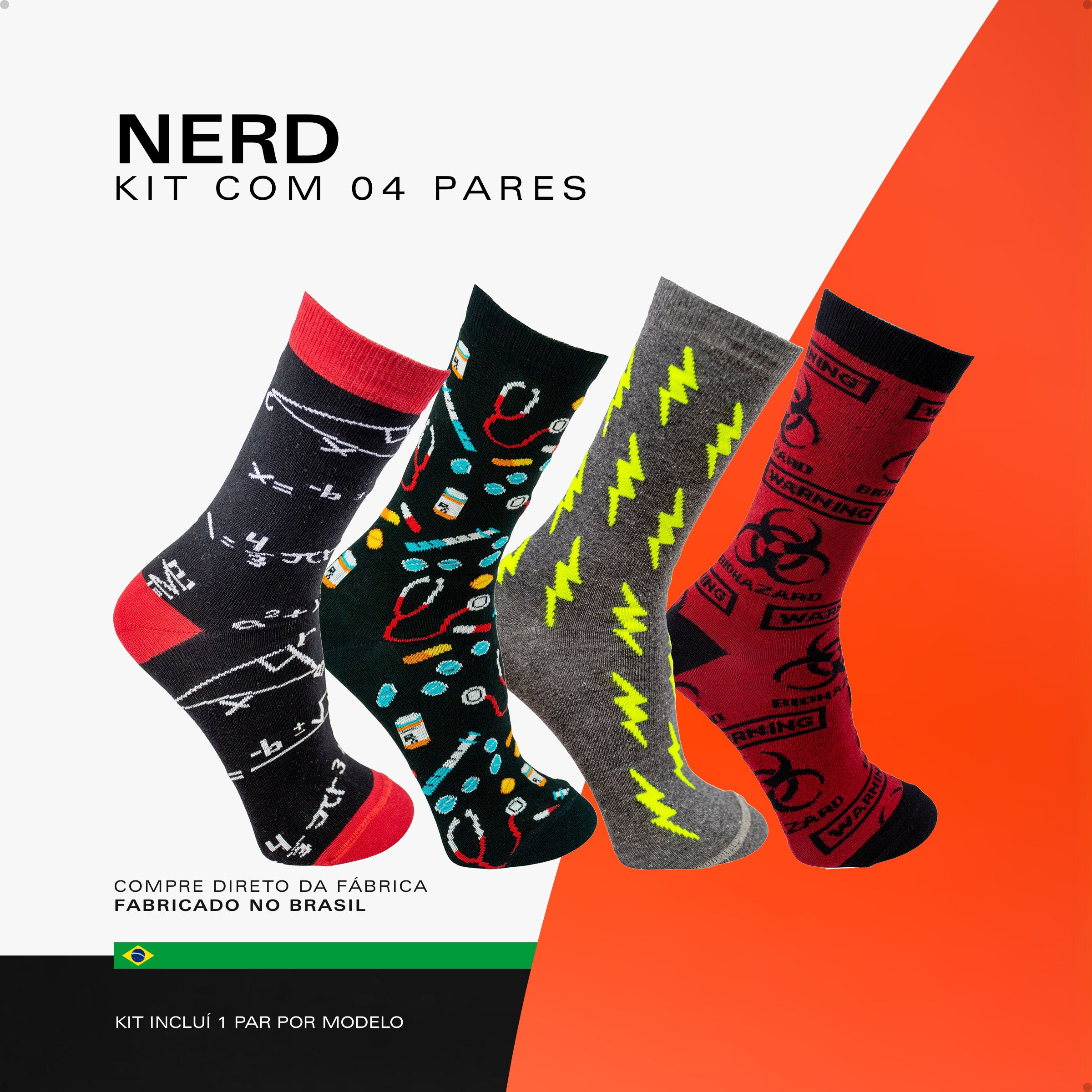 Kit 4 Meias Divertidas Oddo Nerd Matemática Medicina Raio Alerta Vermelho