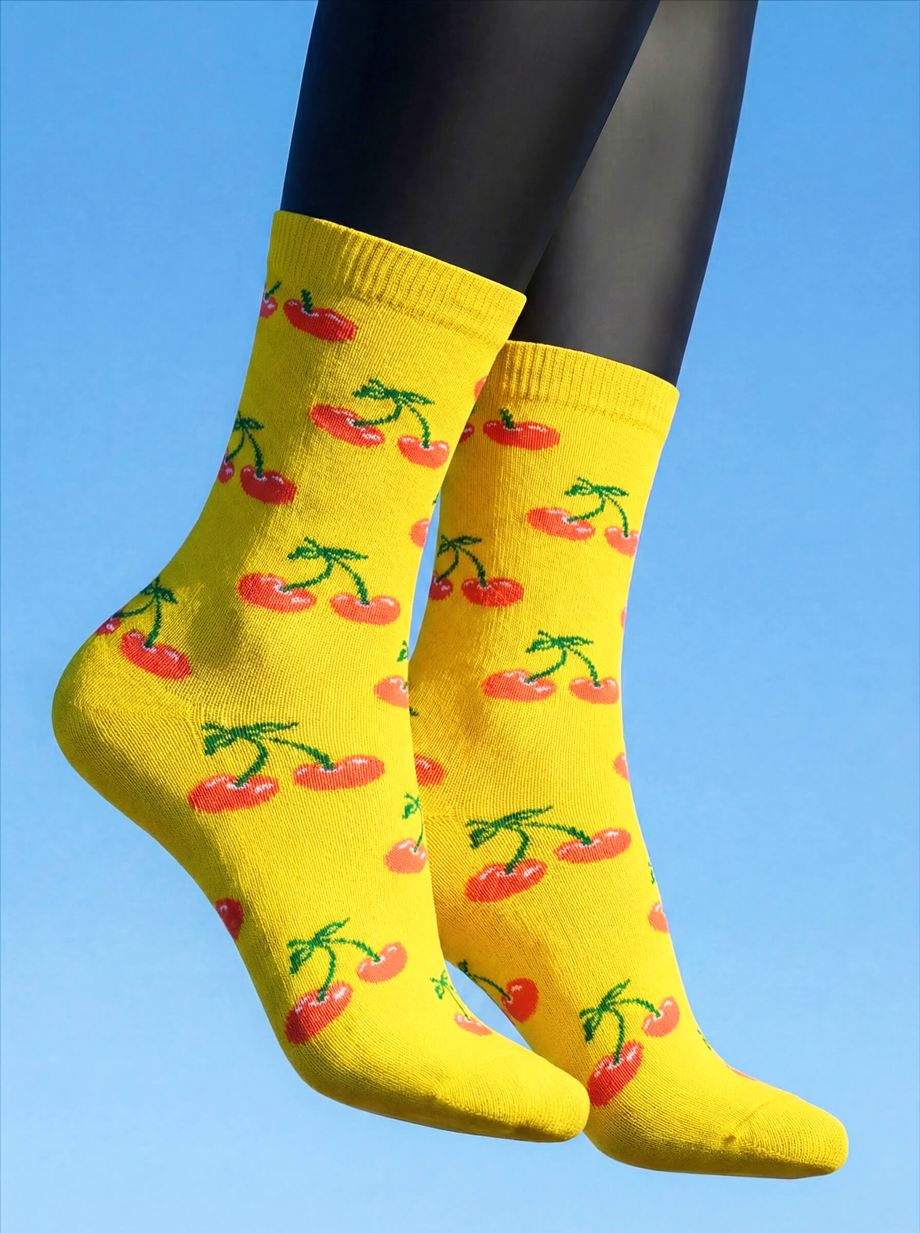 Meia Divertida Estampada Oddo Cano Longo Amarela Cereja