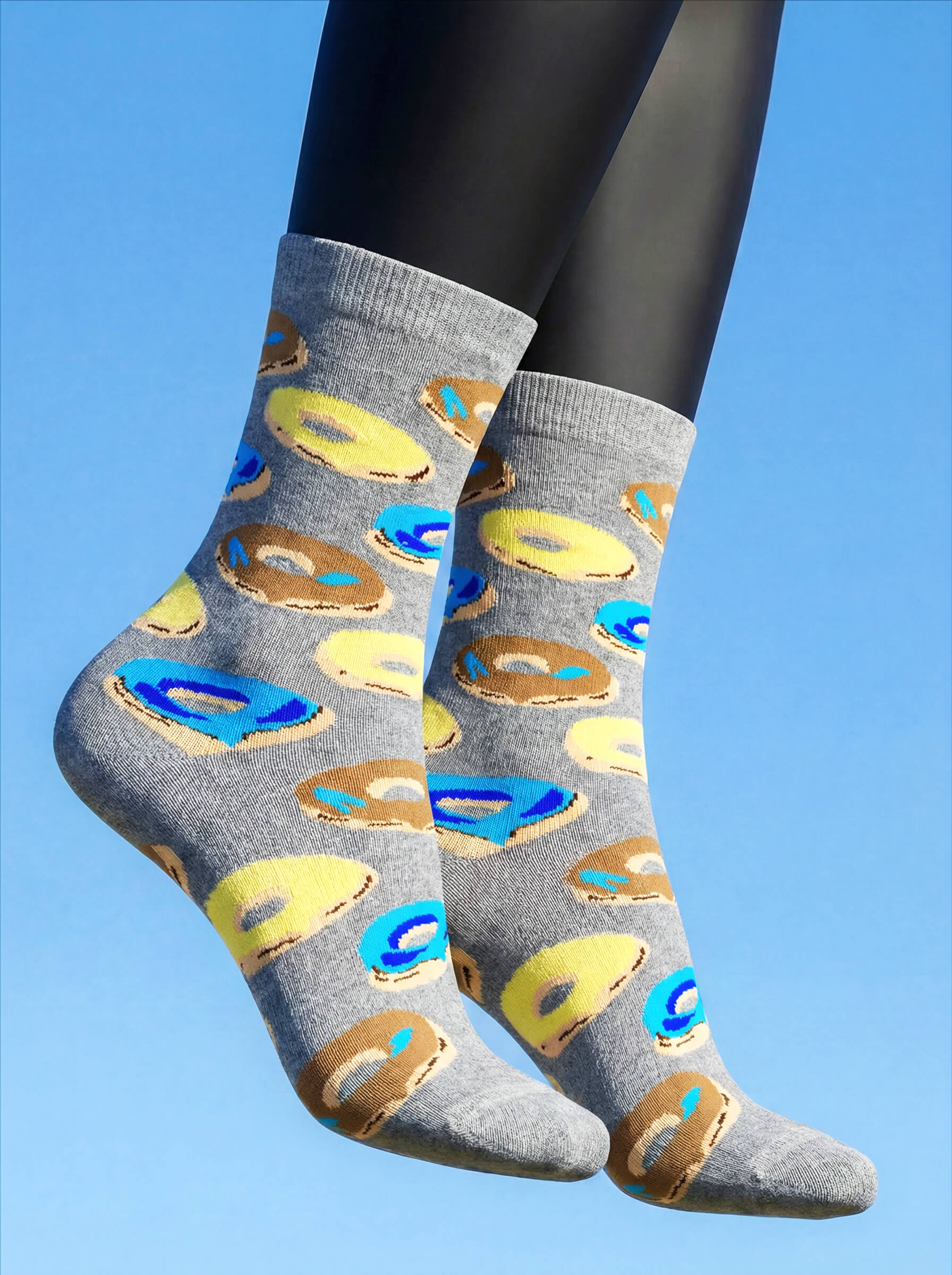 Meia Divertida Estampada Oddo Cano Longo Cinza Amarelo Azul Donut