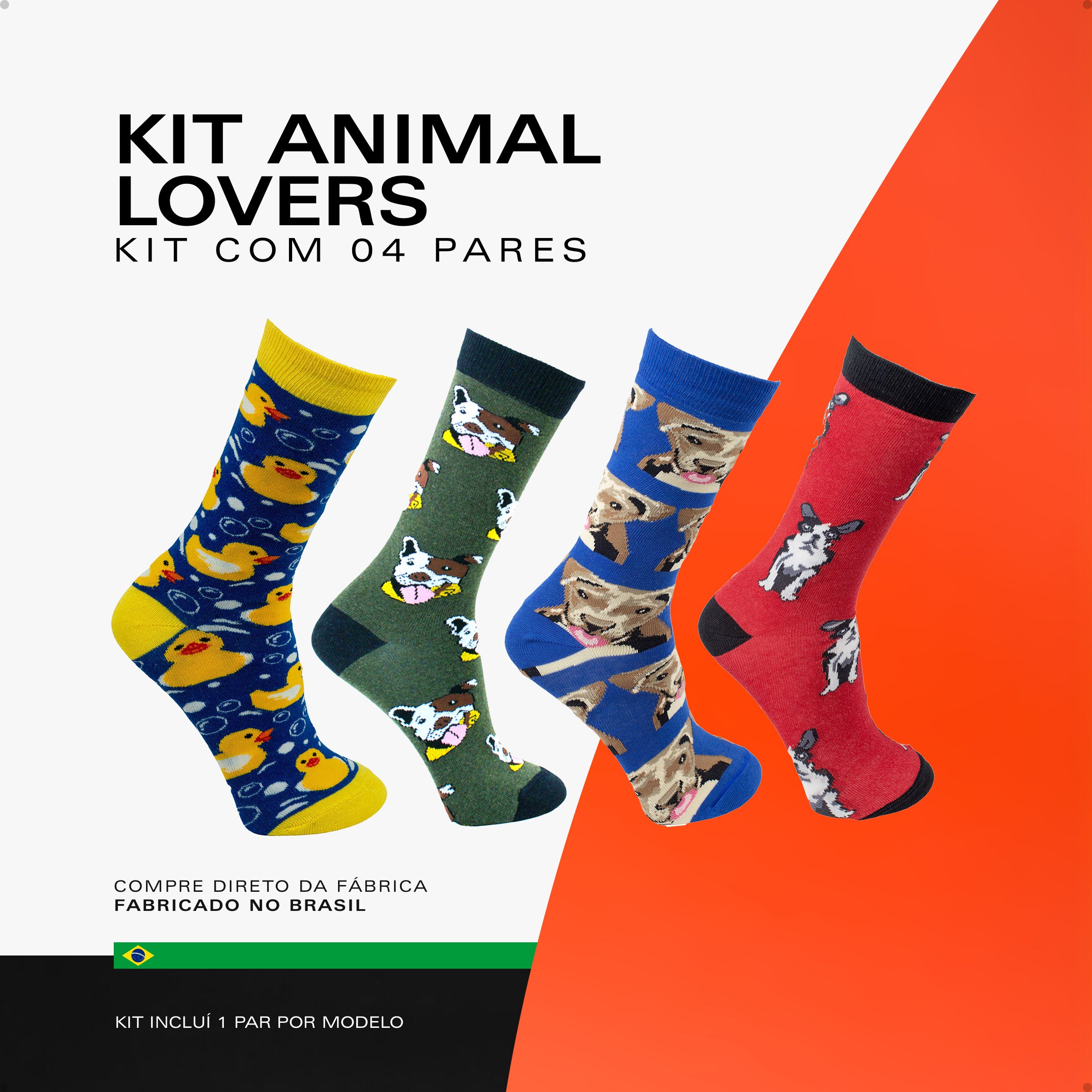 Kit 4 Meias Divertidas Oddo Animais Cachorro Patinho