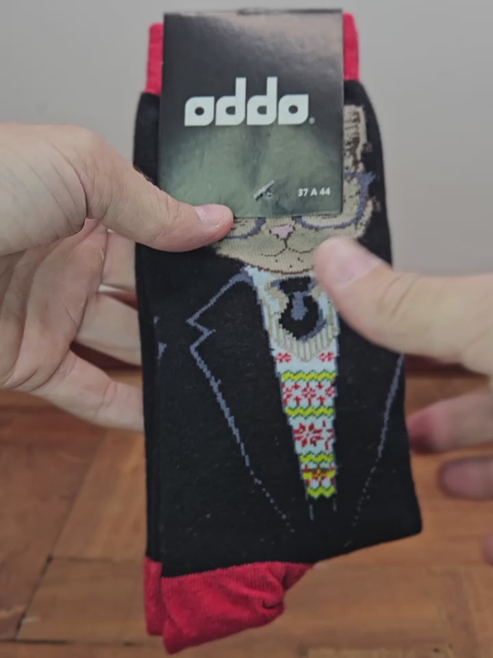 Meia Divertida Estampada Oddo Cano Longo  Vermelha Preta Gato Óculos